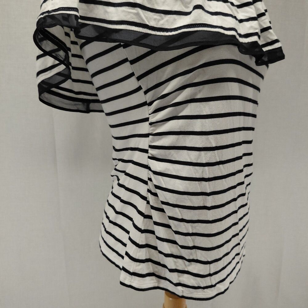 White House Black Market Off the Shoulder Navy & White Stripe Ruffled Top Sz M - Picture 3 of 7